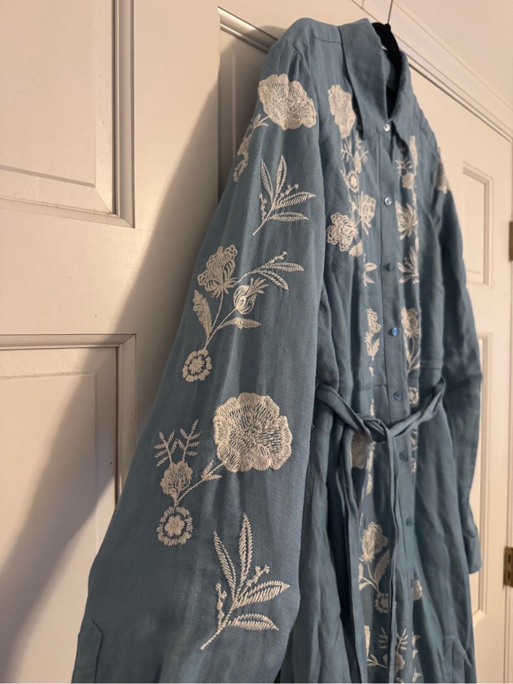 crown & ivy Dusty Blue Long-Sleeve Embroidered Shirt Dress - Picture 3 of 4